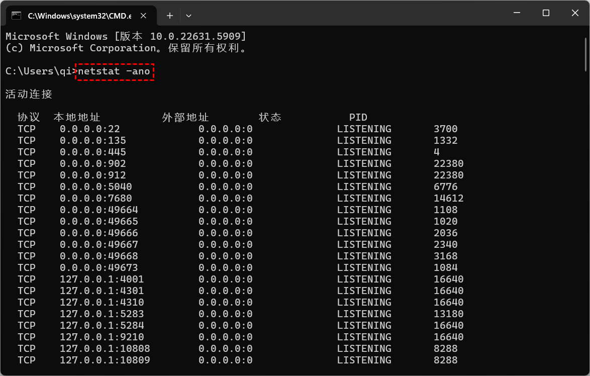 Windows 查看端口占用情况
